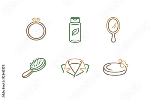 A set of six minimalist line icons featuring personal care and fashion items including a diamond ring, lotion bottle, hand mirror, hairbrush, coat collar, and a bar of soap.