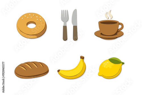 A collection of six paper-cut style food and kitchen icons including a donut, cutlery, a steaming cup of coffee, a loaf of bread, a banana, and a lemon on a black background.
