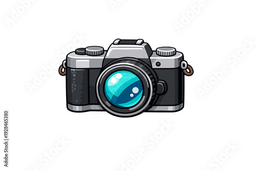 A stylized illustration of a classic silver and black film camera with a large blue lens, isolated against a solid black background. The design features clean lines and simple shading.