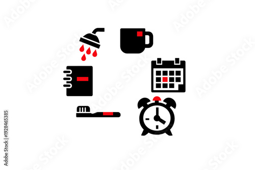 This graphic shows white and red icons of a shower, a planner, a calendar, and an alarm clock on a black background, symbolizing time management and daily scheduling habits.