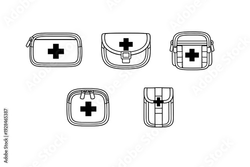 A collection of five different first aid kit pouch icons in a minimalist line art style. Each pouch features a medical cross symbol and various closure types like zippers and buckles.