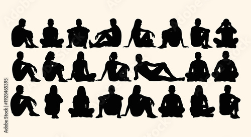 Silhouettes of people practicing various yoga poses in a grid arrangement