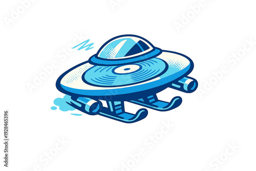 A stylized blue and white UFO illustration featuring a central dome, side engines, and landing skids. The vector artwork uses a limited color palette on a solid black background.