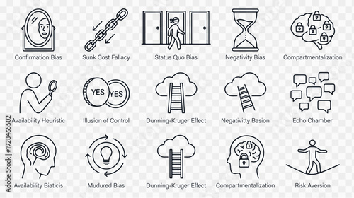 Collection of cognitive bias icons and symbols for decision making and psychology