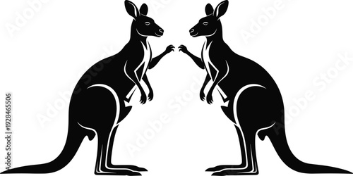 Symmetrical kangaroo illustration, two stylized kangaroos facing each other, black and white artwork, mirrored animal design, decorative nature drawing