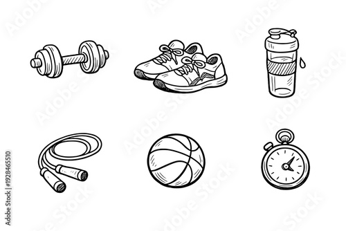 A collection of hand-drawn sports and fitness equipment icons including a dumbbell, sneakers, water bottle, jump rope, basketball, and stopwatch on a black background.