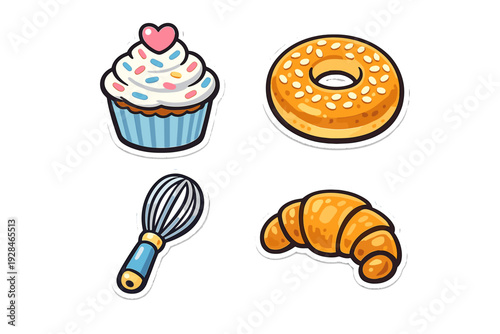 This set of four illustrated stickers includes a cupcake with sprinkles and a heart, a seeded bagel, a blue whisk, and a flaky croissant, all with white borders.