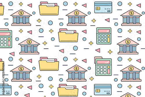 A seamless pattern featuring financial icons such as bank buildings, calculators, folders, and credit cards on a black background with geometric shapes in a flat vector style.
