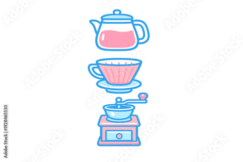 A set of three coffee and tea preparation icons featuring a teapot, a pour-over dripper, and a manual grinder. The illustrations use a pink and blue color palette on a black background.