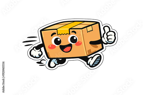 A cute cartoon cardboard box character with a happy face is running quickly while giving a thumbs up. This sticker-style illustration features a white border on a black background.
