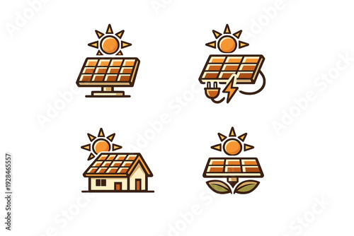 This collection features four flat design icons illustrating solar power themes such as rooftop panels on a house, renewable energy symbols with leaves, and electrical plug connections.