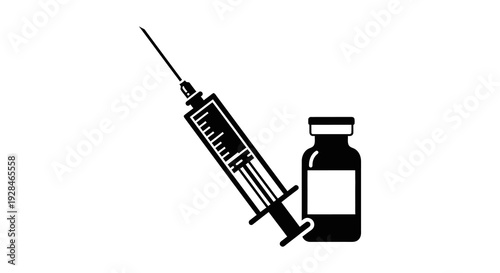 Black syringe and vial illustration representing vaccination or medical injection