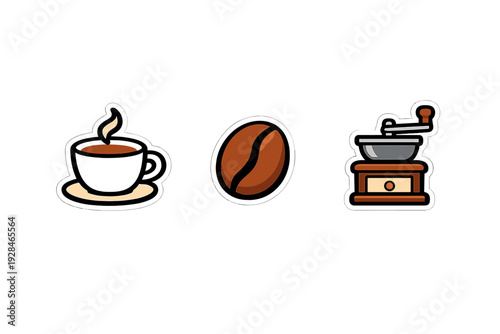Three coffee-themed stickers including a steaming cup of coffee on a saucer, a single brown coffee bean, and a vintage manual coffee grinder, all set against a solid black background.