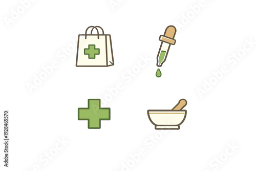 A set of four medical and pharmacy icons featuring a shopping bag with a green cross, a dropper with liquid, a green cross symbol, and a mortar and pestle on a black background.