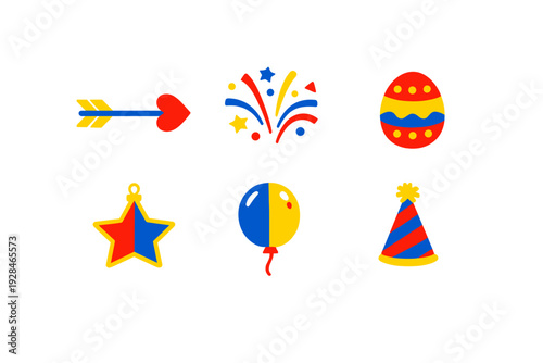A collection of six festive icons including a heart arrow, fireworks, an Easter egg, a star ornament, a balloon, and a party hat, all designed in a flat style with primary colors.