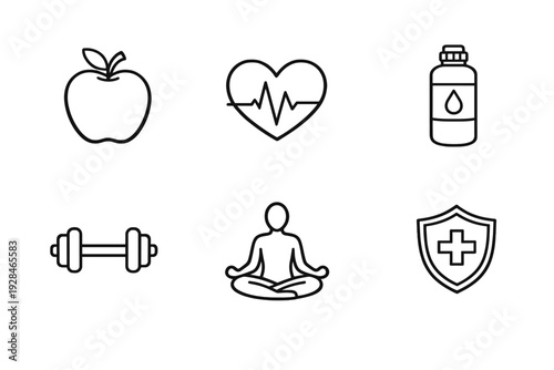 A set of six white minimalist line icons on a black background depicting health and wellness themes such as nutrition, fitness, hydration, meditation, cardiology, and medical protection.
