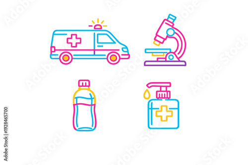 A collection of four neon medical icons including an ambulance, a microscope, a bottle, and a sanitizer dispenser. The vibrant cyan, magenta, and yellow outlines stand out on black.