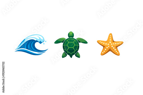 Three colorful marine-themed icons featuring a blue ocean wave, a green sea turtle, and an orange starfish are arranged horizontally against a solid black background.