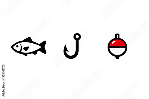 A minimalist graphic featuring a white fish icon and a red and white fishing bobber floating on a solid black background. Ideal for fishing and outdoor recreation themes.