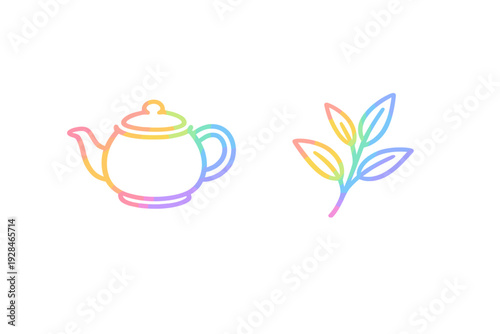 A minimalist line art illustration featuring a teapot and a sprig of tea leaves with a vibrant rainbow gradient outline set against a solid black background for a modern look.
