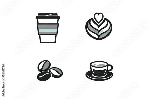 A set of four minimalist coffee icons featuring a takeaway cup, latte art heart, roasted coffee beans, and a classic espresso cup on a saucer against a solid black background.