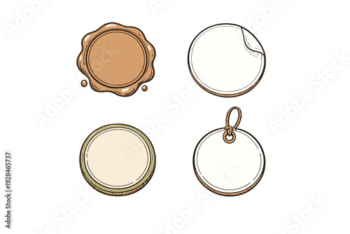 A collection of four blank circular labels in a hand-drawn vintage style, including a wax seal, a peeling sticker, a badge, and a hanging tag with a string loop on a black background.