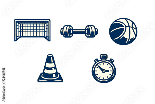A collection of five sports and fitness icons featuring a soccer goal, a barbell, a basketball, a training cone, and a stopwatch in a dark blue and cream color scheme.