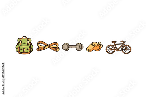 A collection of five stylized icons representing sports and outdoor activities, including a green backpack, jump rope, dumbbell, whistle, and bicycle, set against a black background.