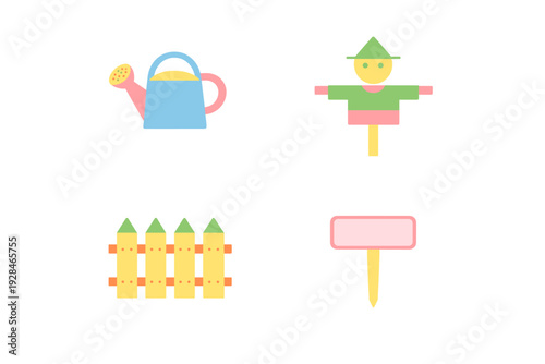 A collection of four flat gardening icons including a blue watering can, a scarecrow, a yellow picket fence, and a pink garden sign, all set against a solid black background.