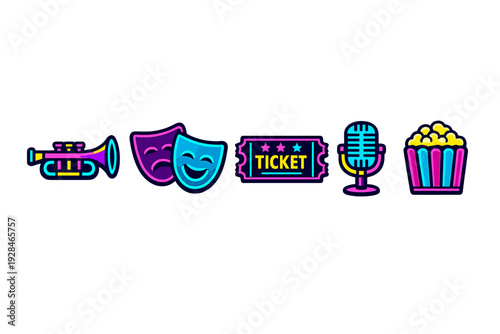 Vibrant neon icons representing entertainment and performance arts, featuring a trumpet, drama masks, a ticket, a microphone, and popcorn against a solid black background.