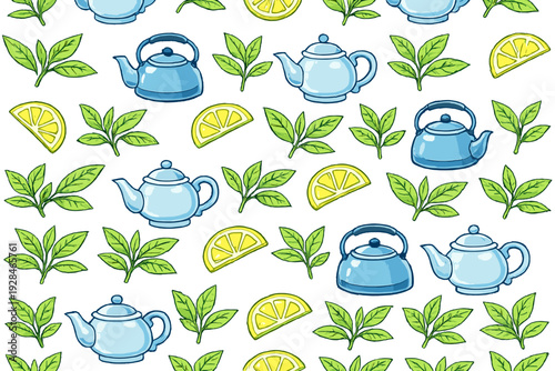 This seamless pattern displays blue teapots, clusters of green tea leaves, and yellow lemon wedges against a solid black backdrop. The hand-drawn illustration style is vibrant and playful.