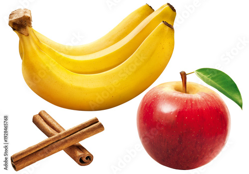 Maçã vermelha, cacho de bananas maduras e paus de canela isolados no fundo transparente