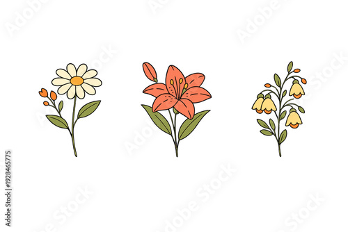 Three stylized floral illustrations featuring a white daisy, an orange lily, and yellow bell flowers with green leaves, isolated on a solid black background in a vintage style.