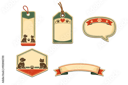 A collection of vintage-style pet labels and tags featuring silhouettes of dogs and cats, paw prints, and decorative ribbons in a cream, green, and red color palette on a black background.