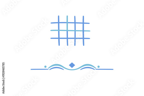 This minimalist graphic illustration features a light blue grid pattern positioned above a decorative wavy line element with a central diamond and dots on a solid black background.