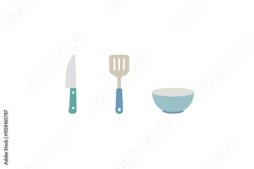 A flat illustration of three kitchen utensils including a knife with a green handle, a slotted spatula with a blue handle, and a light blue bowl, all set against a solid black background.