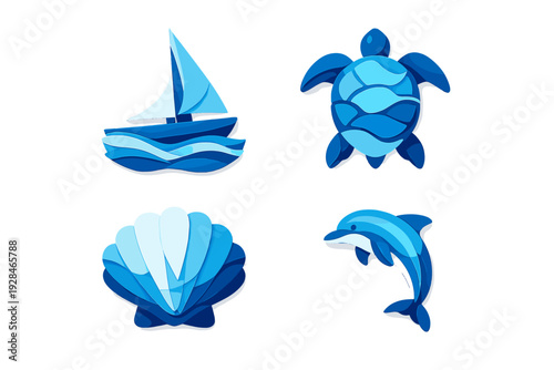 Four stylized blue icons featuring a sailboat, sea turtle, seashell, and dolphin. The illustrations use a layered paper-cut aesthetic with shades of blue on a black background.