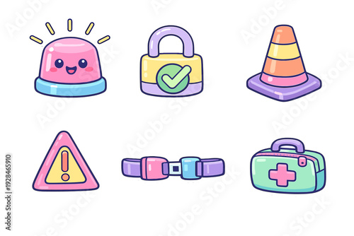 A collection of six cute safety-themed stickers featuring a smiling siren, a padlock with a checkmark, a traffic cone, a warning sign, a seatbelt, and a first aid kit on a black background.