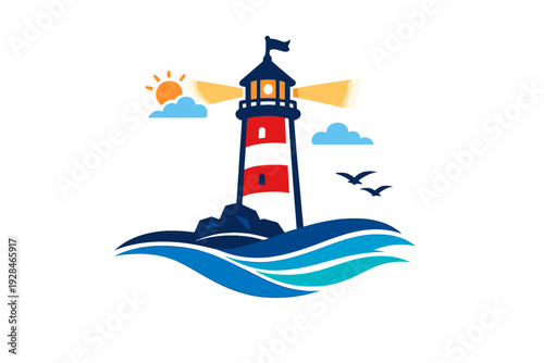 A vector illustration of a red and white striped lighthouse standing on rocks above blue ocean waves, featuring a glowing light, sun, clouds, and flying seagulls on a black background.