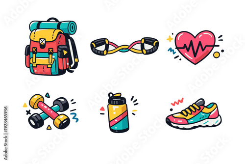 This set of vibrant cartoon icons features essential gear for fitness and hiking, such as a backpack, dumbbells, a water bottle, a sneaker, a resistance band, and a heartbeat symbol.