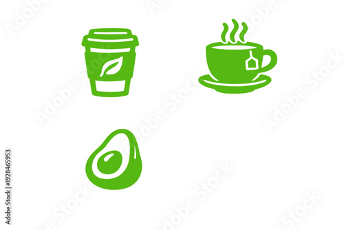 Three green minimalist icons featuring a disposable tea cup with a leaf, a steaming cup of tea with a tea bag, and a halved avocado, all set against a solid black background.