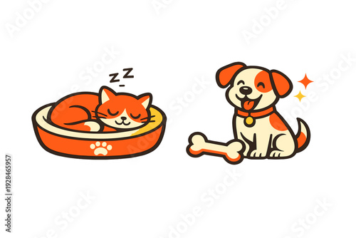 A cartoon illustration featuring a sleeping ginger cat curled up in an orange pet bed and a happy spotted puppy sitting next to a large bone on a solid black background.