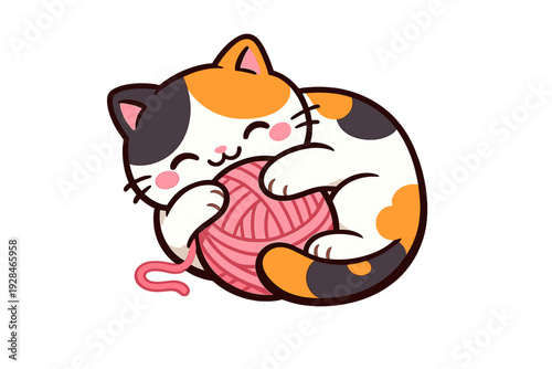 A charming calico kitten with orange and black spots is curled around a pink ball of yarn. This cute cartoon illustration features a happy feline with closed eyes on a black background.