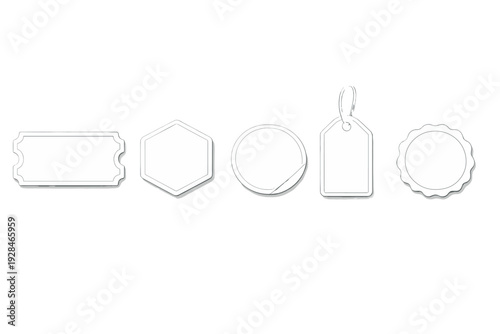 Five different white blank price tags and stickers with various shapes like hexagon, circle, and rectangle, featuring subtle shadows on a solid black background.