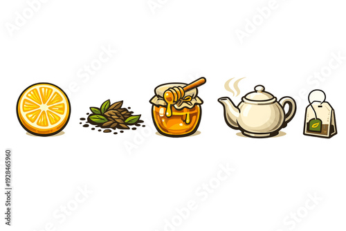 A row of five cartoon icons featuring a lemon slice, loose tea leaves, a honey jar with a dipper, a steaming white teapot, and a tea bag, all set against a solid black background.