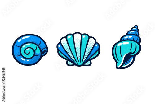 Three stylized blue seashells are displayed against a black background. The set includes a spiral shell, a fan-shaped scallop, and a pointed conch shell with halftone textures.