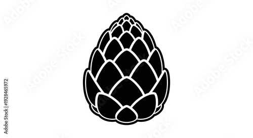 Black and white illustration of an artichoke a bulbous vegetable with layered leaves