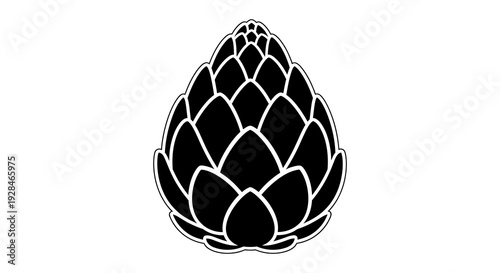 Black and white illustration of an artichoke with layered overlapping petals