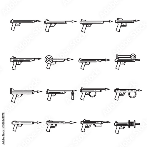 Collection of Spear Guns Icons Set Underwater Hunting Equipment Vector Line Art