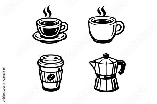 A collection of four black and white coffee-themed icons featuring a cup on a saucer, a mug, a disposable takeaway cup, and a moka pot stovetop brewer on a black background.